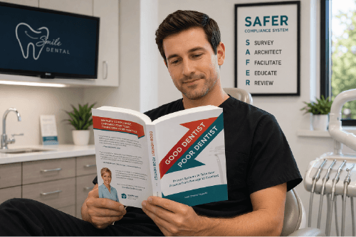 Dentist reading a dental care book in a bright clinic, with dental chairs and posters in the background