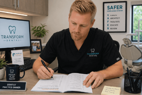 Dentist in black scrubs writing in a notebook at a reception desk in a dental office