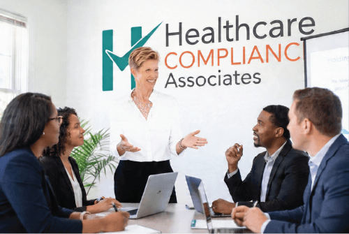 Healthcare Compliance Associates meeting with a presenter in a conference room, logo displayed on the wall
