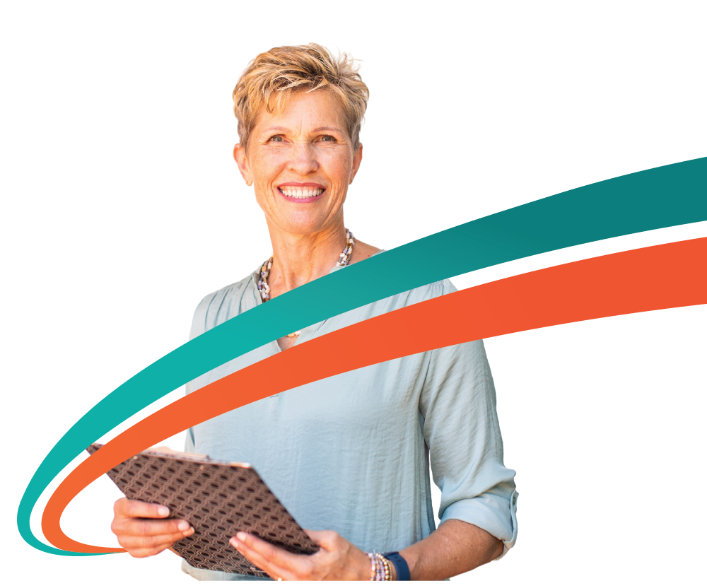 Smiling person holding a tablet, with teal and orange swooshes on a white background