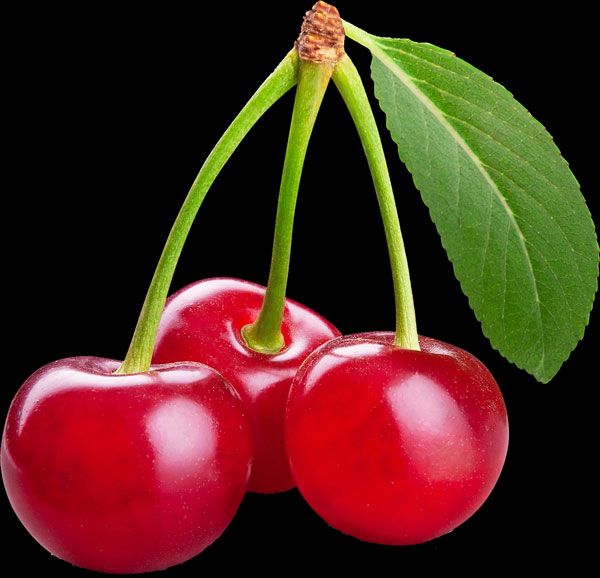 Three red cherries with stems and a green leaf on a black background