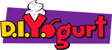D.I.Yogurt logo with colorful letters and a yogurt swirl above the &ldquo;I&rdquo; on a purple background