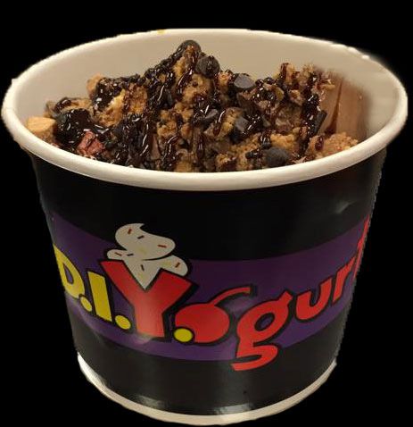Cup of chocolate-covered soft serve dessert with nuts, on a D.I. Yogurt cup