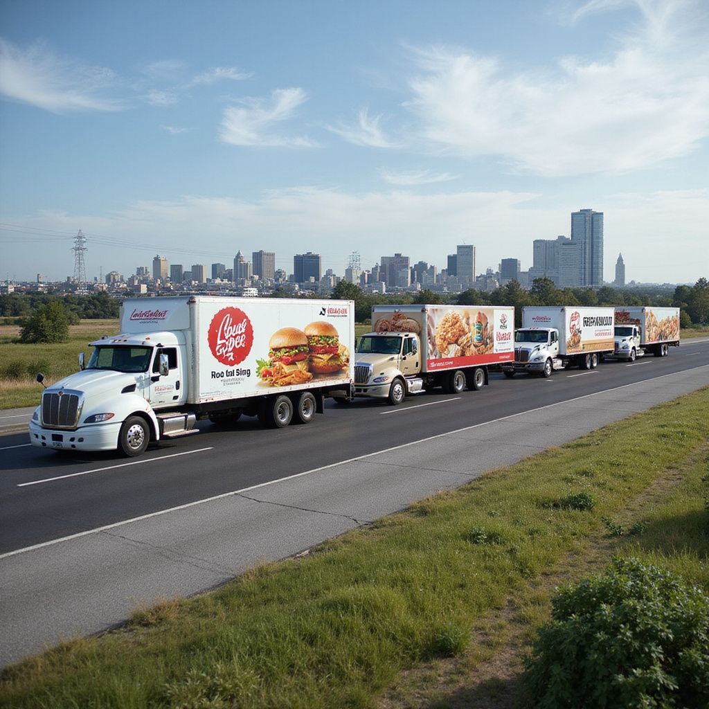 A convoy of four delivery trucks featuring food advertisements drives on a highway with a city skyline in the background.