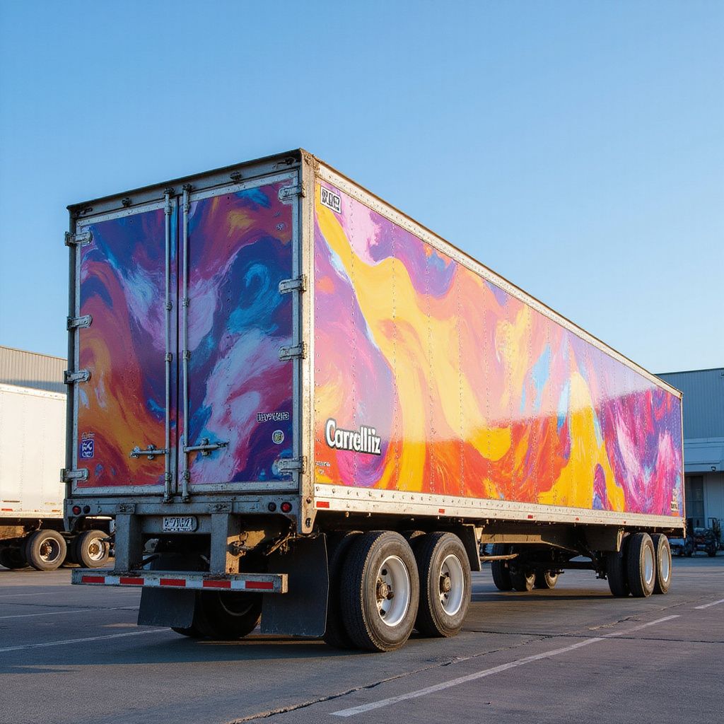 A large semi-trailer parked outdoors, featuring a vibrant, multicolored abstract swirl pattern on its side and doors.