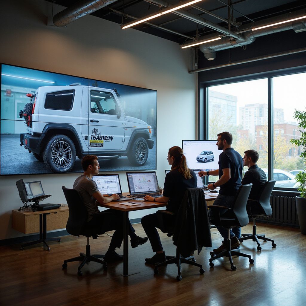 Four people collaborate at a table in a modern office, reviewing car designs displayed on a large screen and monitors.