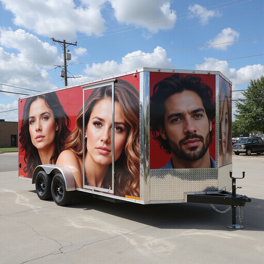 A silver cargo trailer parked outdoors features large, high-resolution portraits of faces on its red side panels.