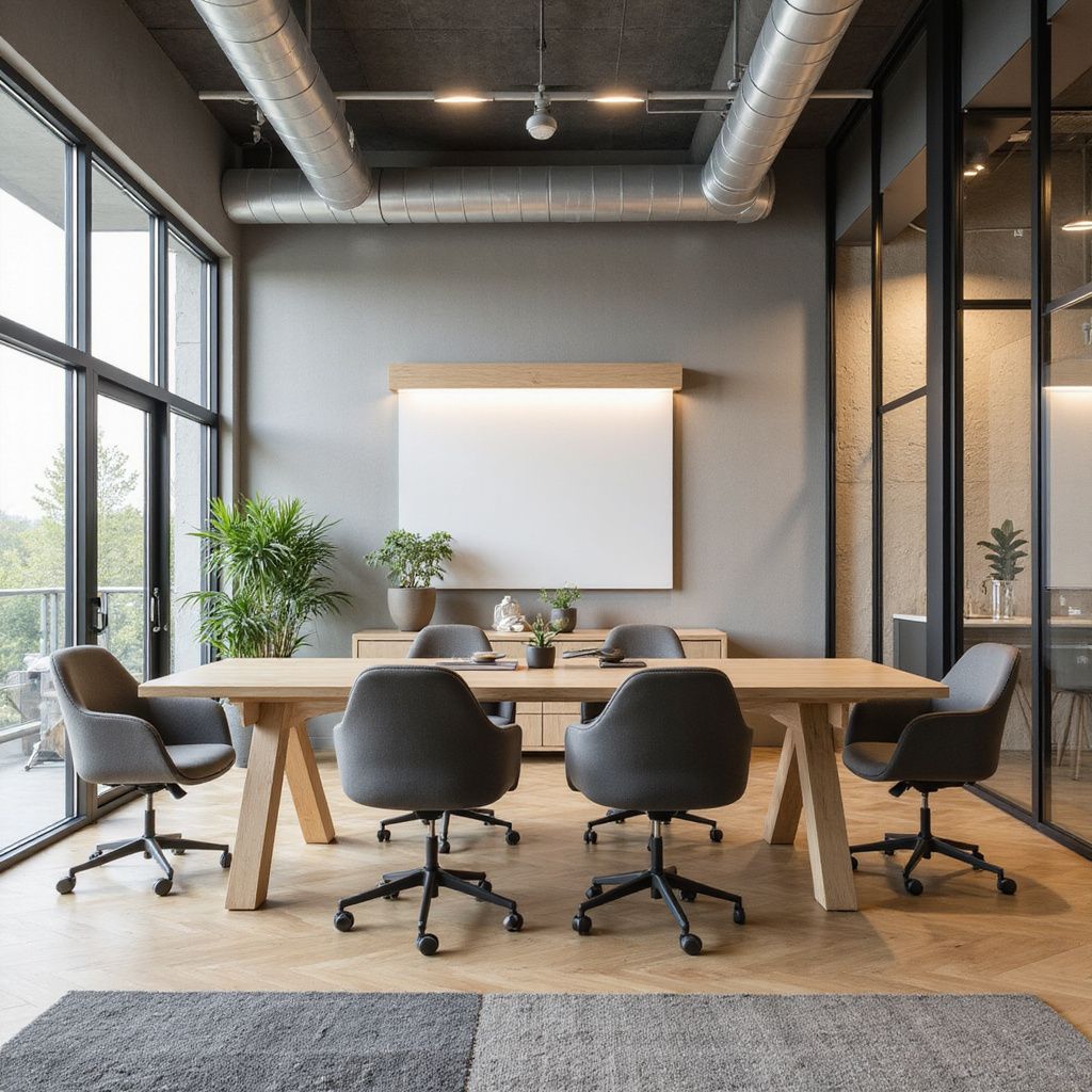 Modern conference room with a wooden table, grey chairs, large window, and minimalist white board on a dark grey wall.