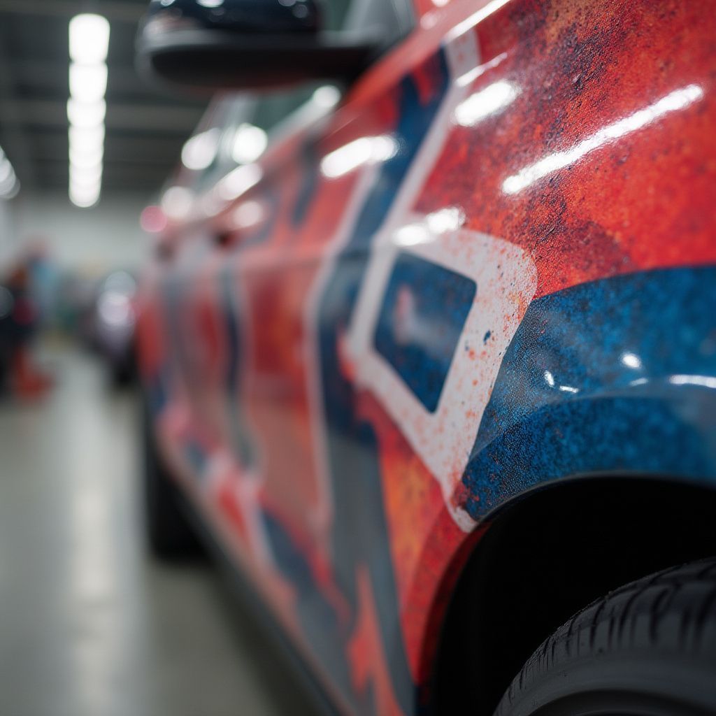 Close-up of a vehicle's side panel featuring a red and blue graphic wrap in an industrial shop.