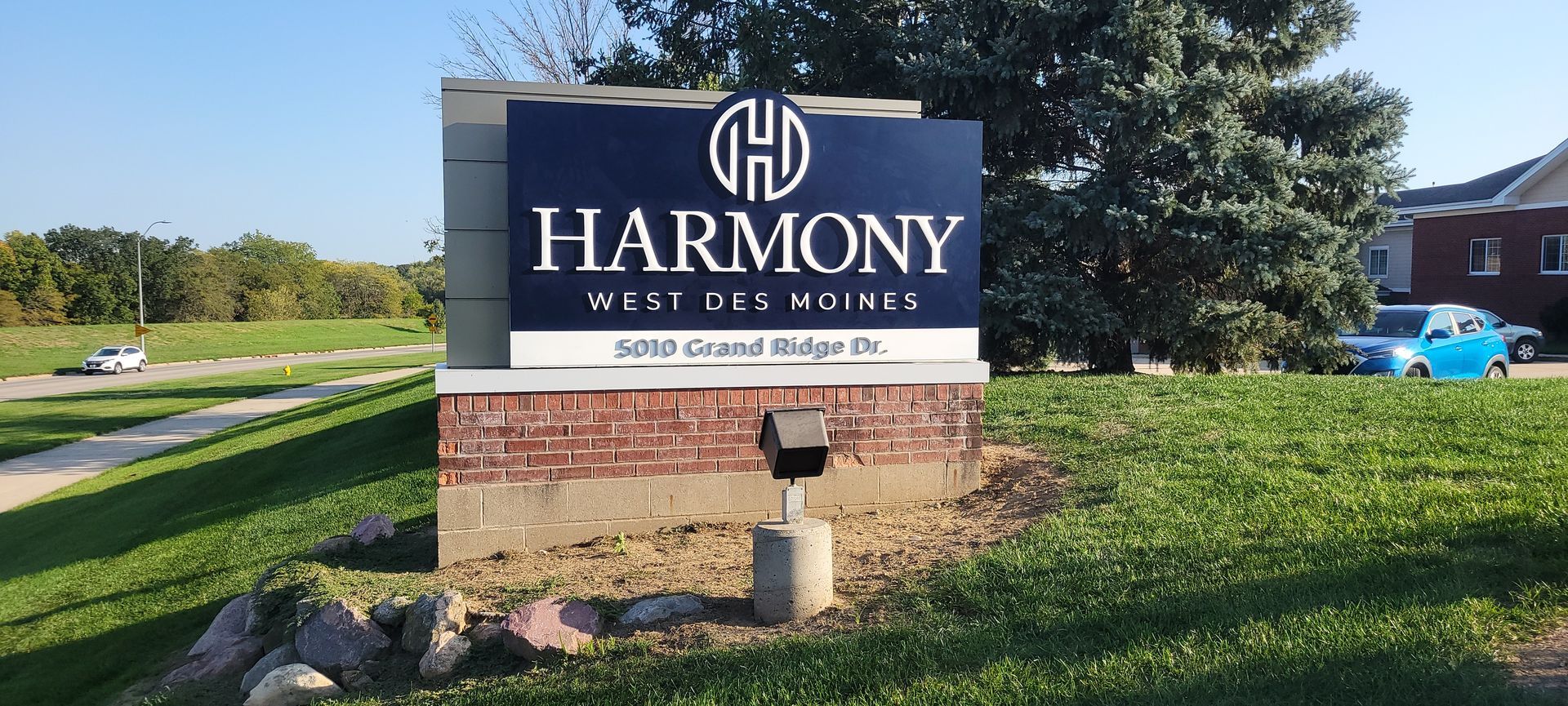 A modern monument sign reading 