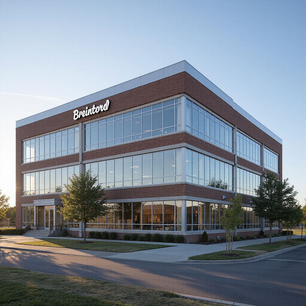 A three-story brick office building with glass windows and a prominent logo under a clear blue sky.