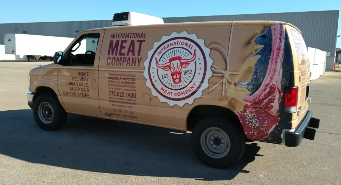 A tan delivery van branded with the