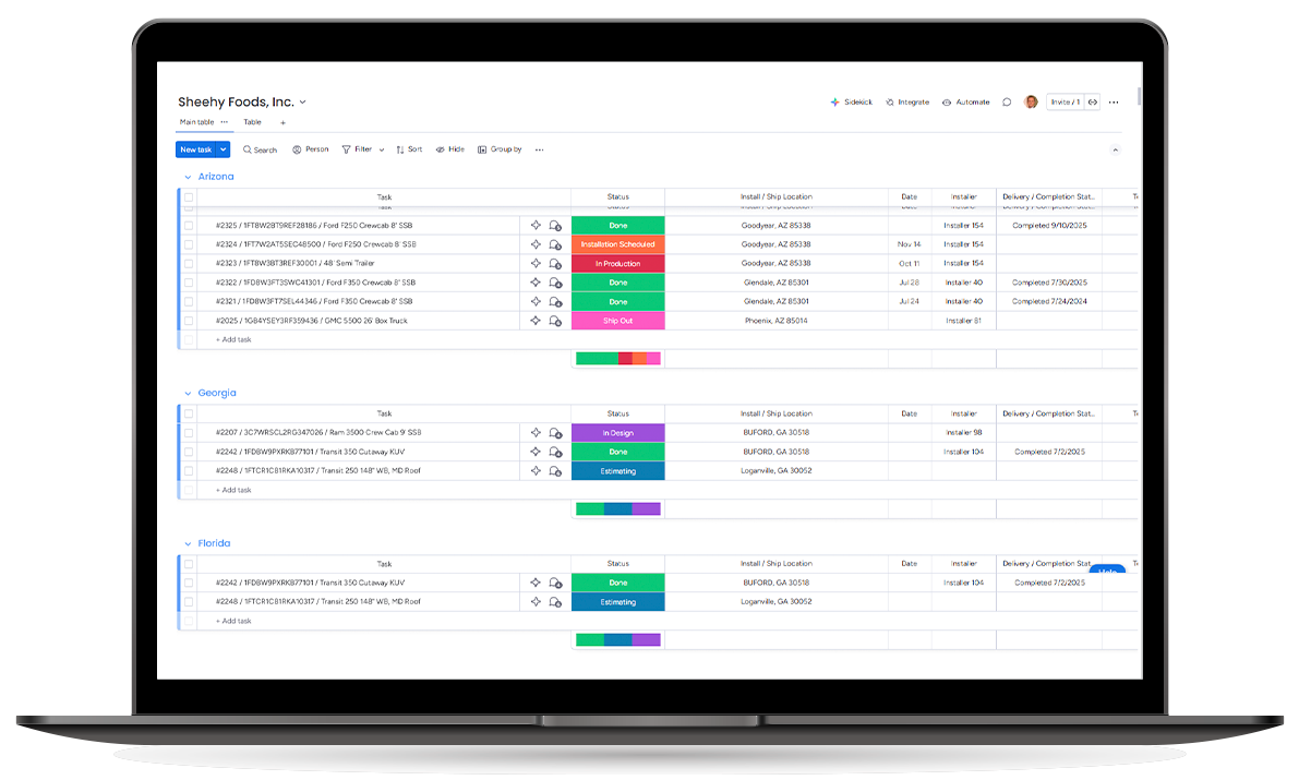 A laptop screen displaying a project management software interface with color-coded task lists organized by category.