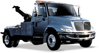 A blue tow truck is sitting on a white background
