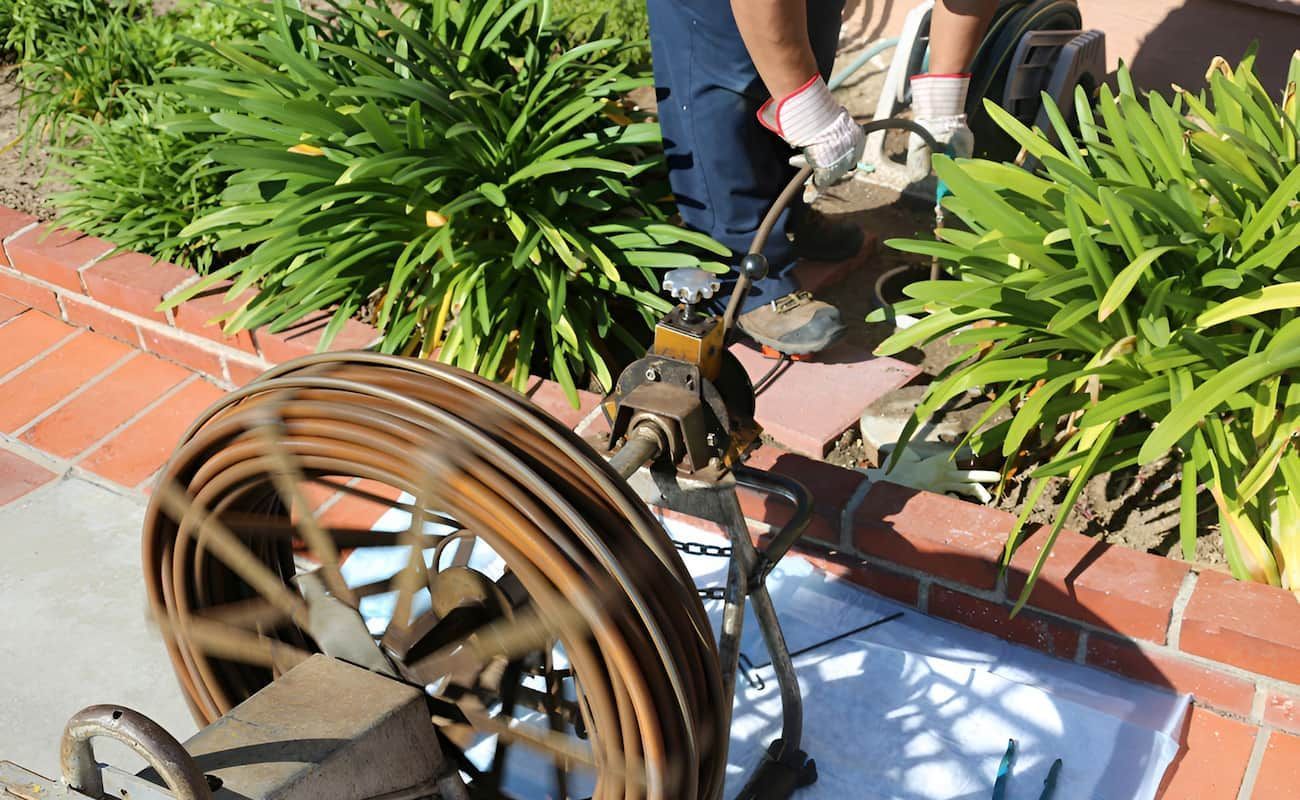 A Man Is Using A Hose Reel In A Garden — Ashley Chick Plumbing In Baranduda, VIC