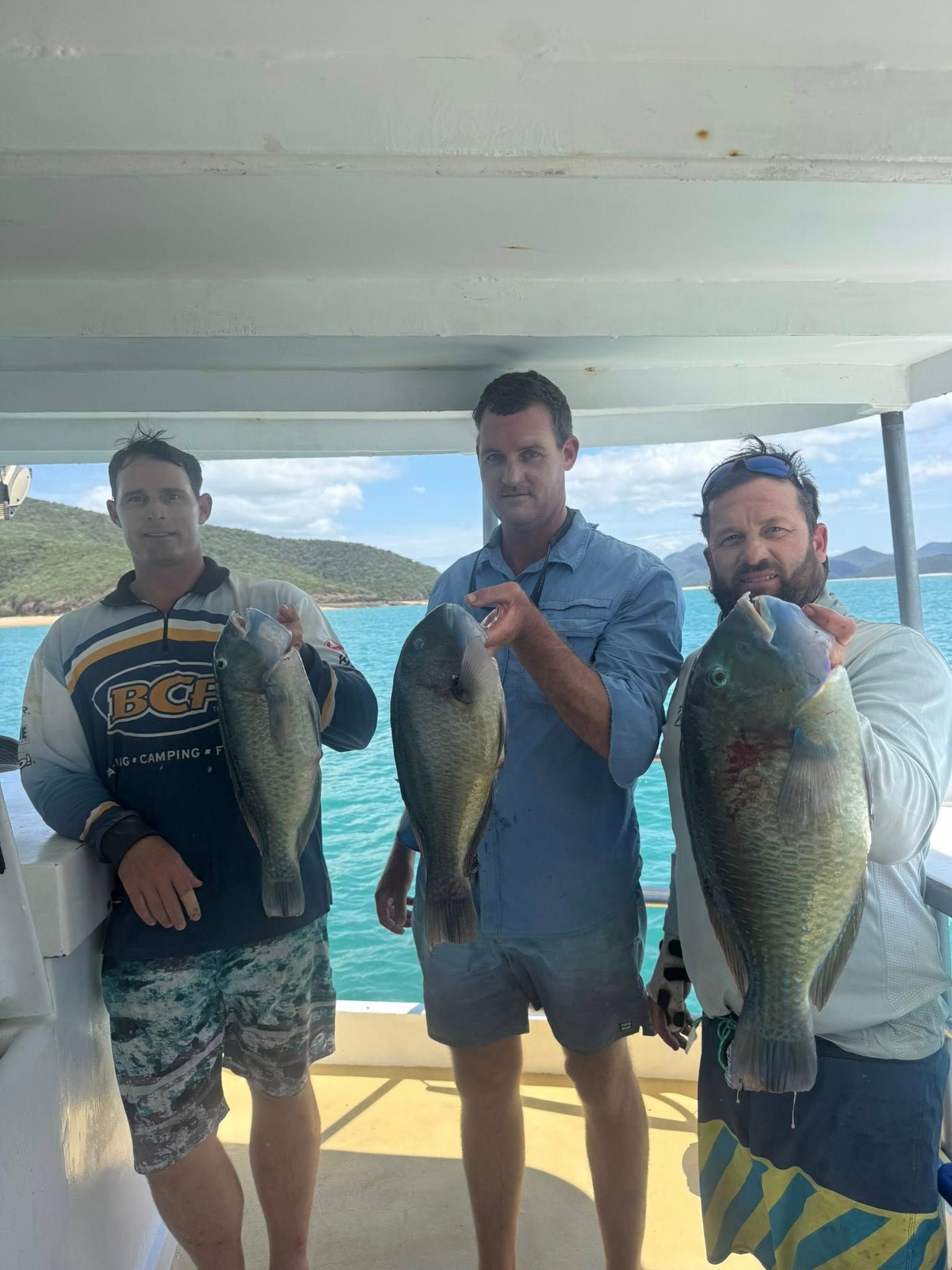 Three people stand on a boat deck, each holding a large fish they caught, with a coastal landscape in the background.