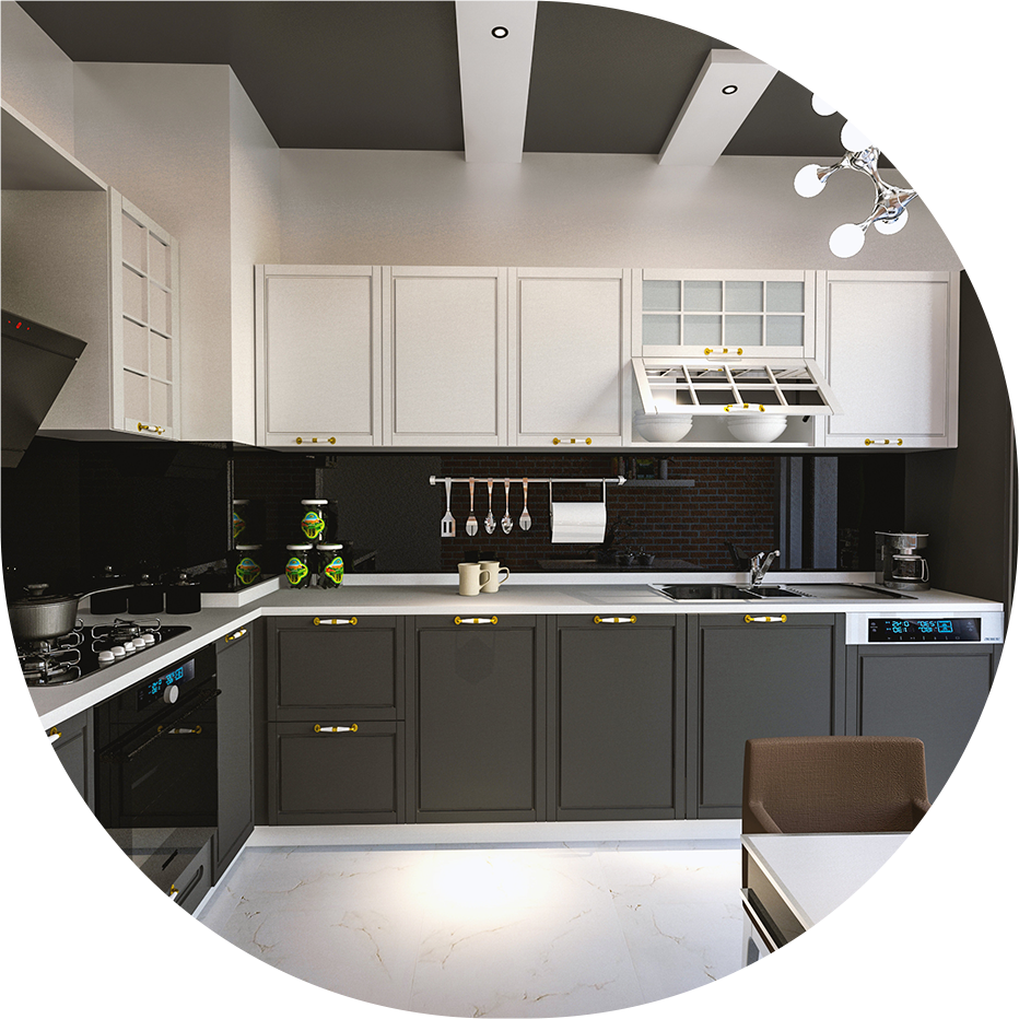 Modern kitchen with white upper cabinets, dark lower cabinets, black backsplash, and curved ceiling beams