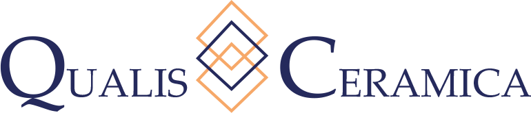 Qualis Ceramica logo with blue text and orange geometric diamond icon