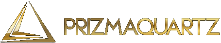 Gold PrizmaQuartz logo with stylized triangular emblem on white background