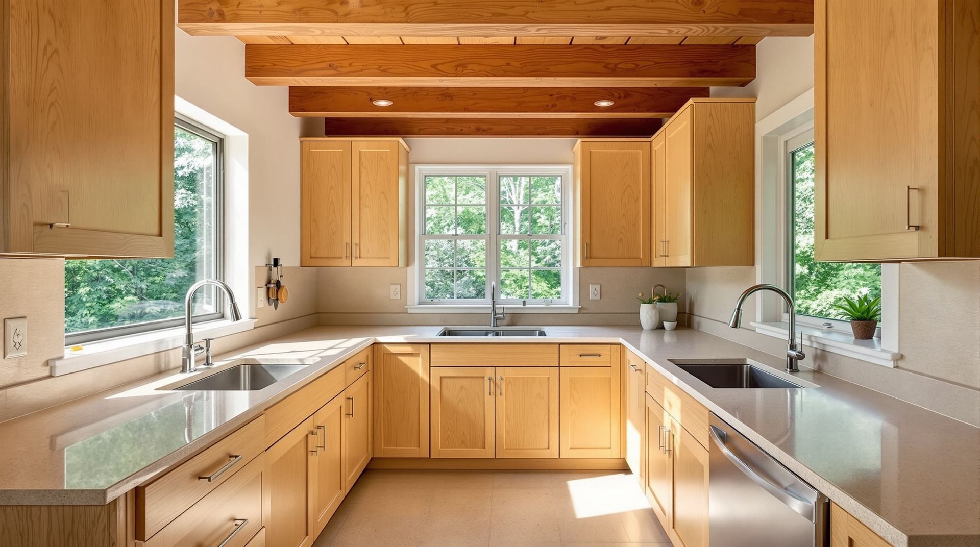 Bright kitchen with wooden cabinets, white countertops, and a window over the sink