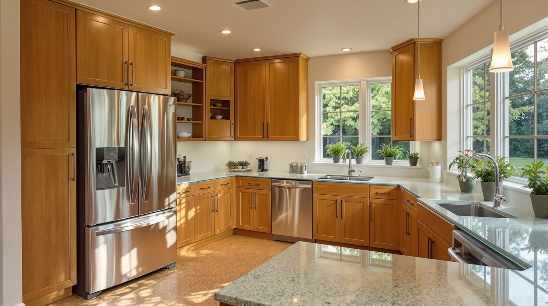 Modern kitchen with stainless steel appliances, wood cabinets, granite countertops, and large windows.