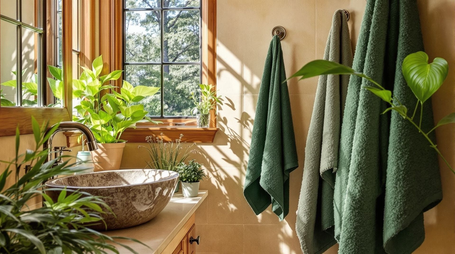 Sunlit bathroom with a stone sink, wooden window, and green towels hanging beside lush plants