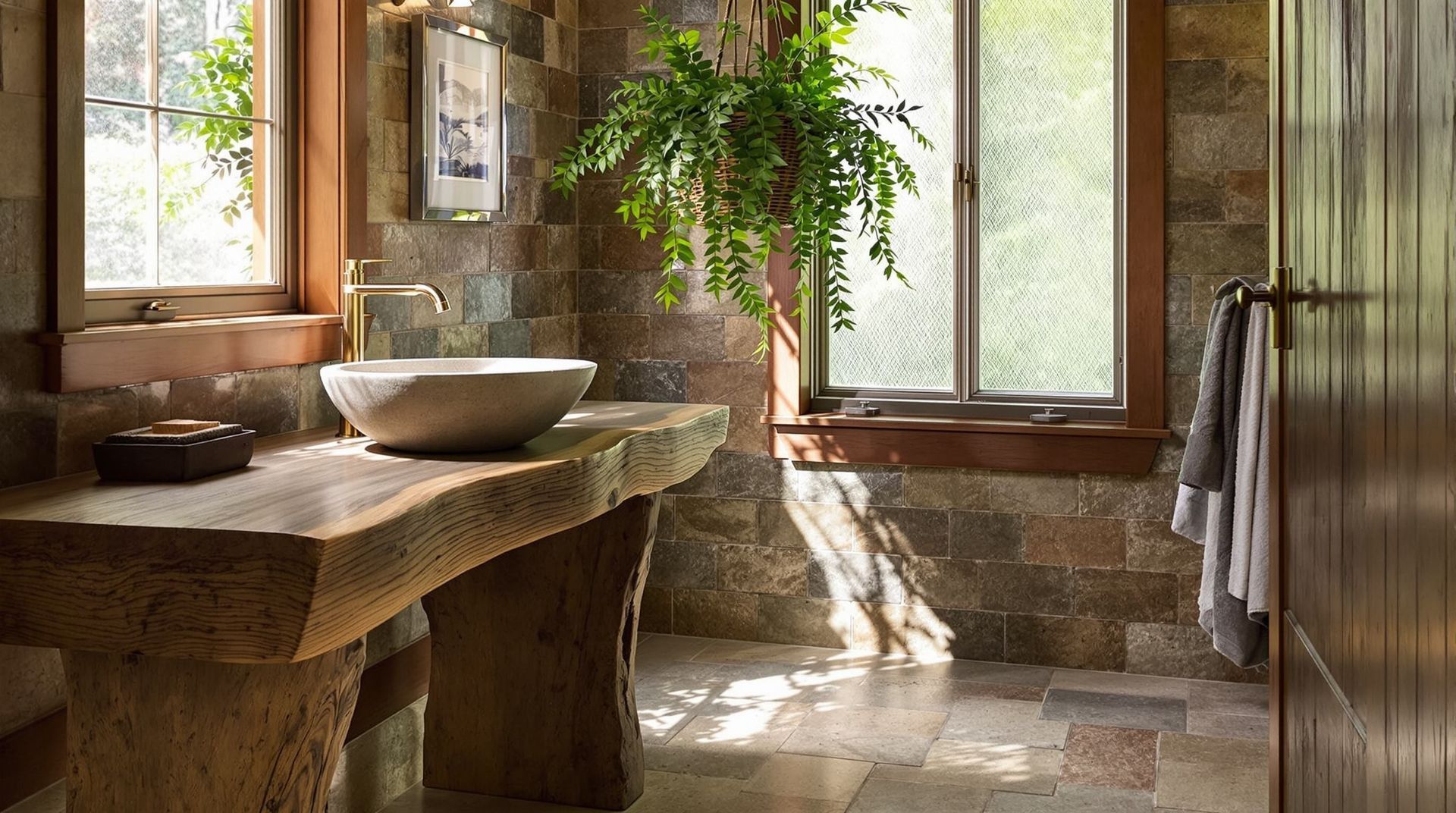 Rustic bathroom with stone sink, wooden vanity, hanging plant, and sunlight through windows