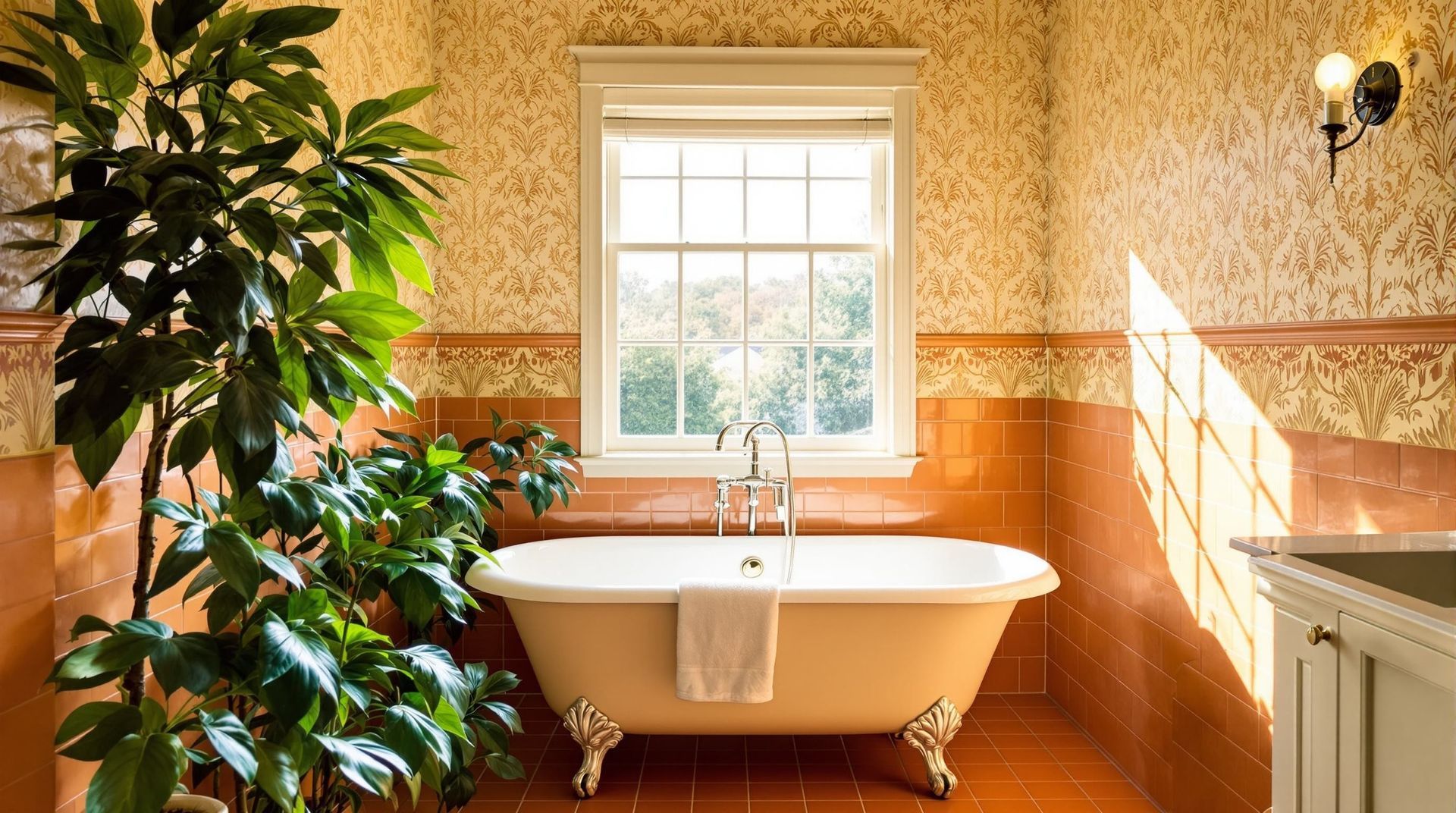 Sunlit bathroom with a freestanding tub, orange tile, floral wallpaper, and a large window