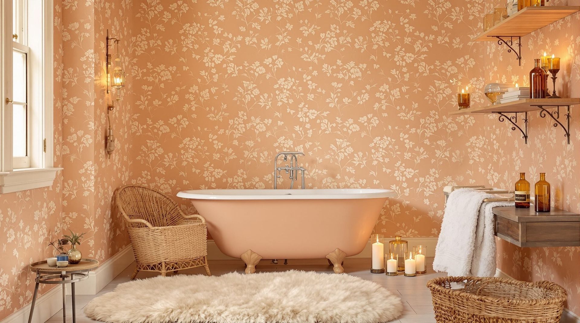 Cozy beige bathroom with a freestanding tub, candles, wicker chair, and fluffy rug in soft warm light