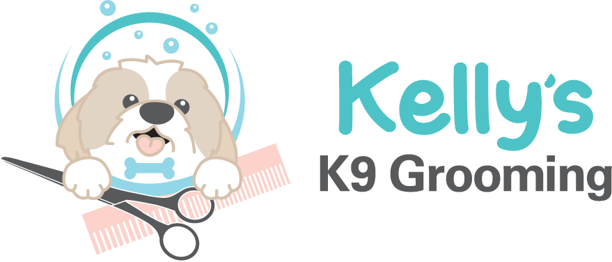 A logo for kelly 's k9 grooming with a dog and scissors.