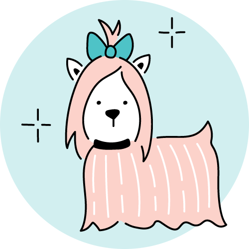 A dog with pink hair and a blue bow on its head.