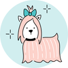 A dog with pink hair and a blue bow on its head.