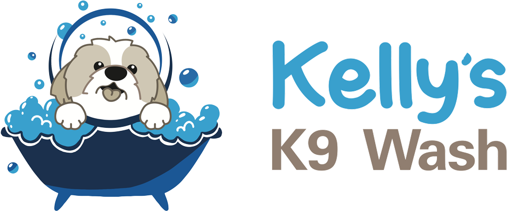A logo for kelly 's k9 wash with a dog in a bathtub.