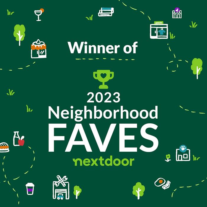 A green sign that says winner of neighborhood faves nextdoor