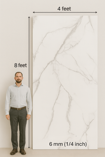 A man is standing next to a large white marble tile.