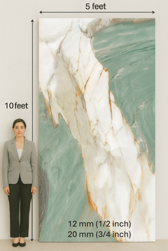 A woman in a suit is standing next to a large painting that is 5 feet long