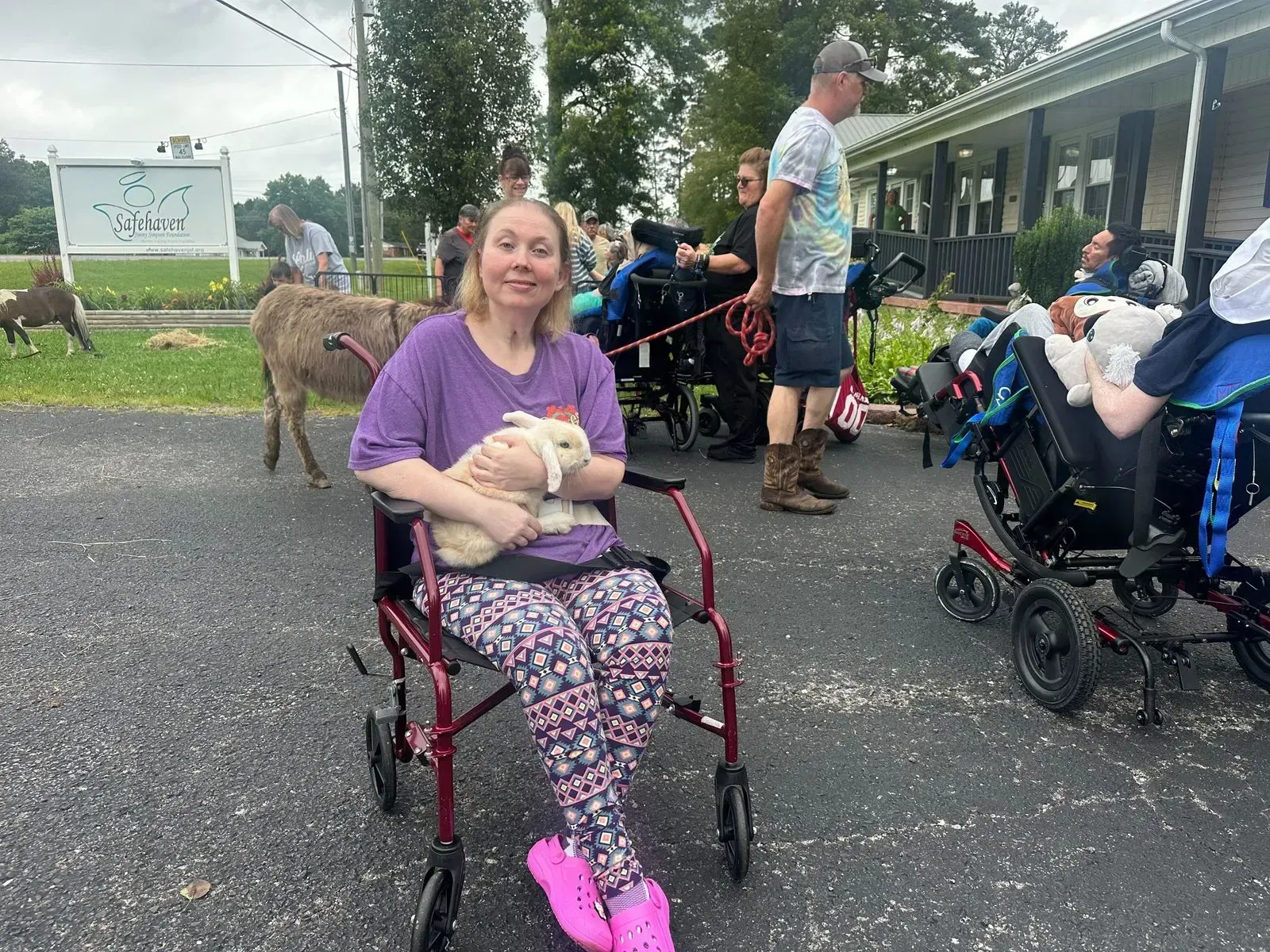 Woman in wheelchair holding a lamb smiles outdoors, surrounded by people and animals.