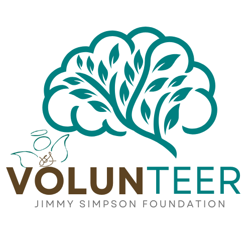 Logo for Jimmy Simpson Foundation showing a teal brain-shaped tree, a small angel icon, and the word VOLUNTEER.