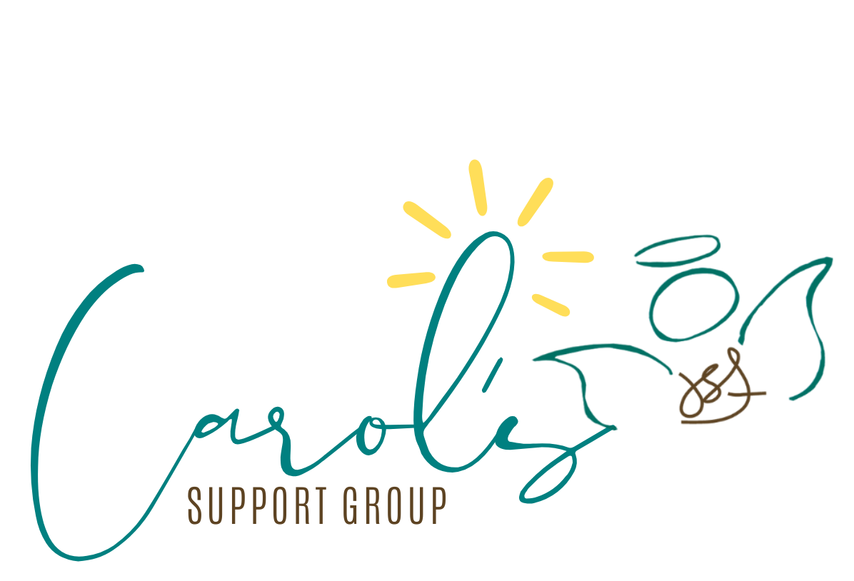 Logo for Carol's Support Group: Teal script text with an angel figure and sunburst.