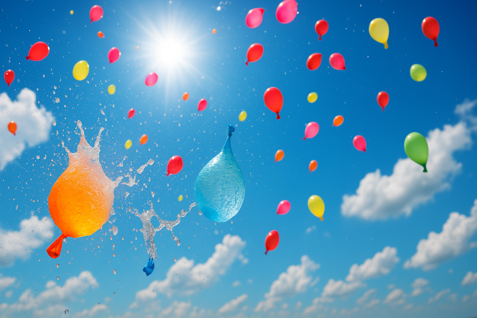 Water balloons burst mid-air, surrounded by colorful balloons against a bright blue sky with puffy clouds.