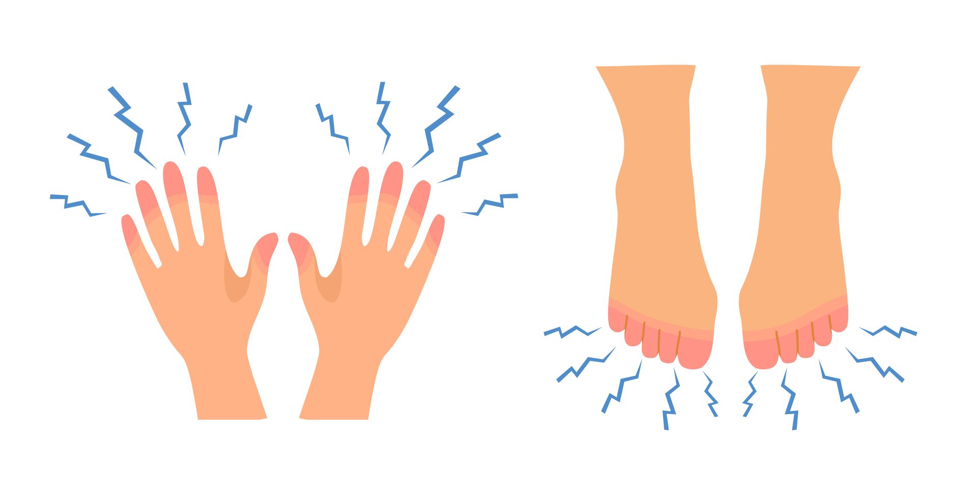 Hands and feet with blue lines indicating numbness or tingling, on a white background