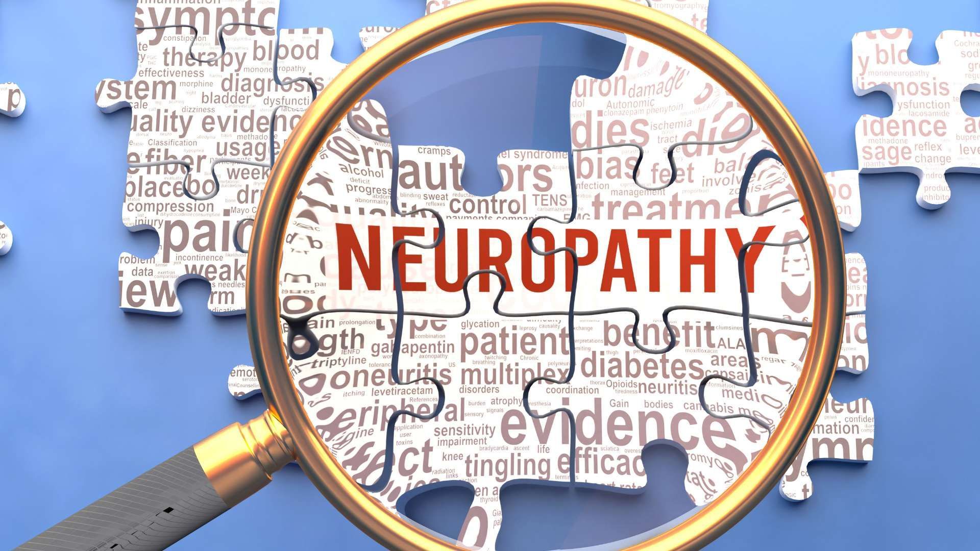 Magnifying glass over puzzle pieces spelling “NEUROPATHY” on a blue background