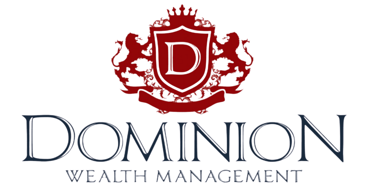 Dominion Wealth Management logo with a red crest and white D on a white background