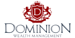 Dominion Wealth Management logo with a red crest and white D on a white background