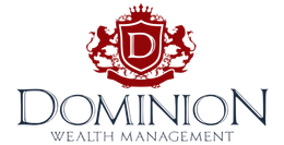 Dominion Wealth Management logo with a red crest and white D on a white background