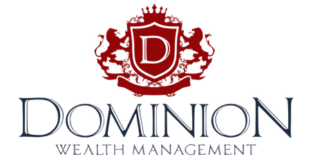 Dominion Wealth Management logo with a red crest and white D on a white background