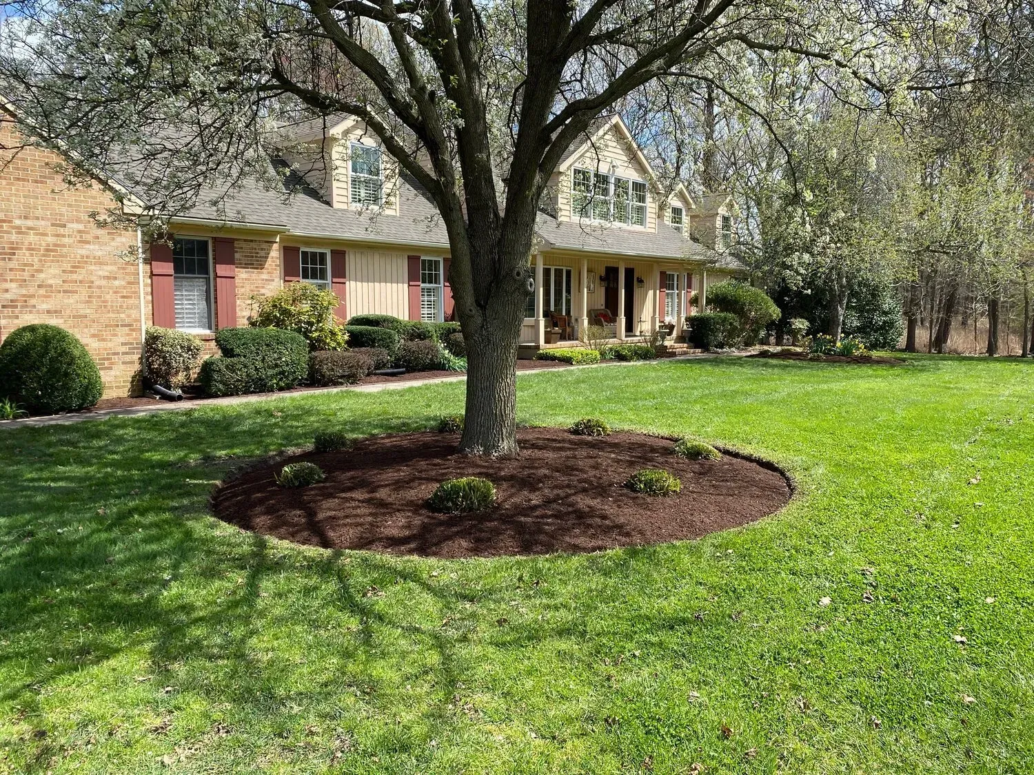 A two-story brick and siding house with a mulched tree island in a sunny front lawn.