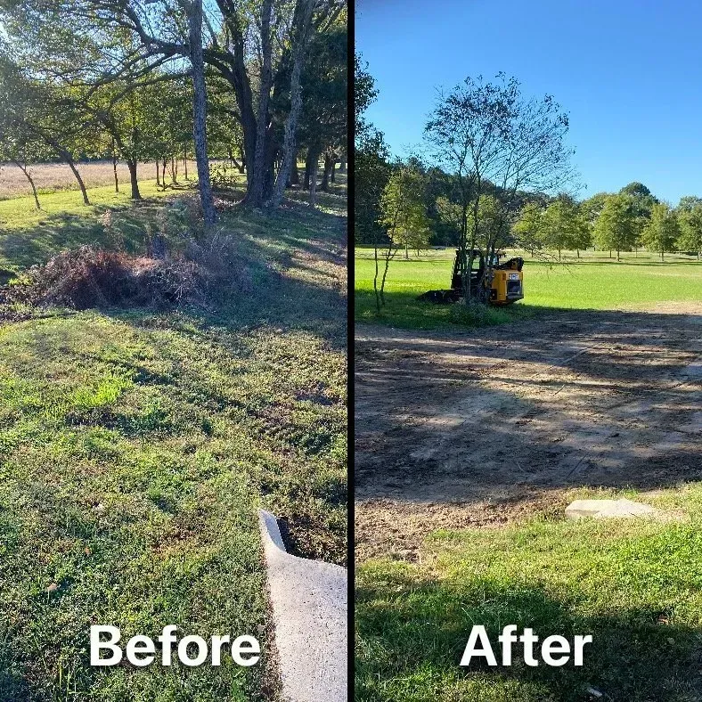 Split screen showing land clearing: overgrown brush before on the left, and a cleared yard with equipment after on the right.