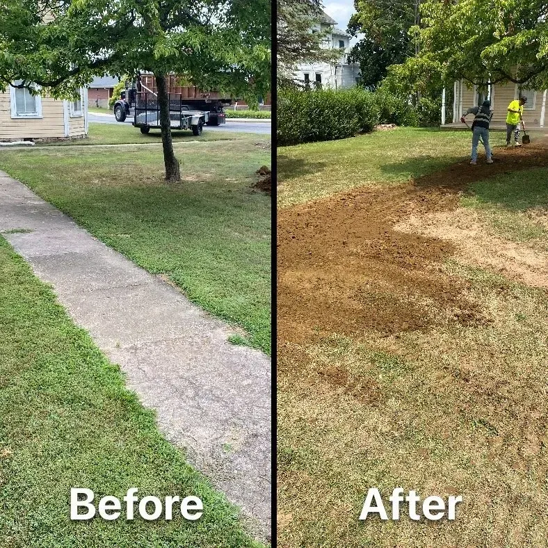 A side-by-side comparison of a yard: on the left, a lawn before excavation; on the right, workers clearing dirt from the lawn.