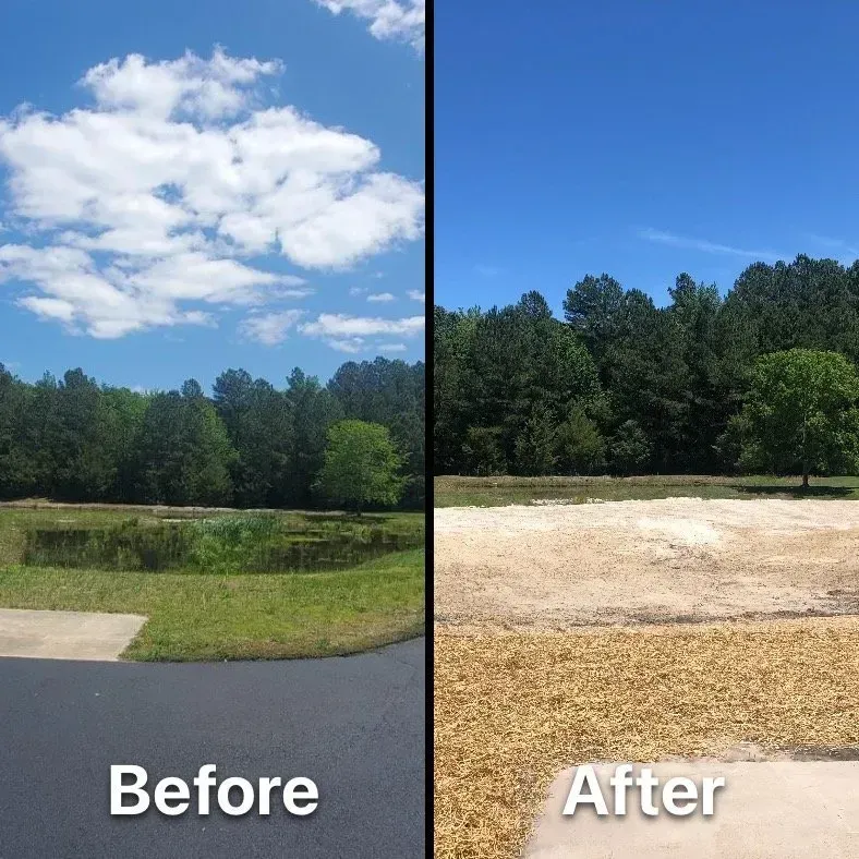 Before-and-after comparison of a yard, showing a filled-in pond transformed into a flat, cleared dirt surface.